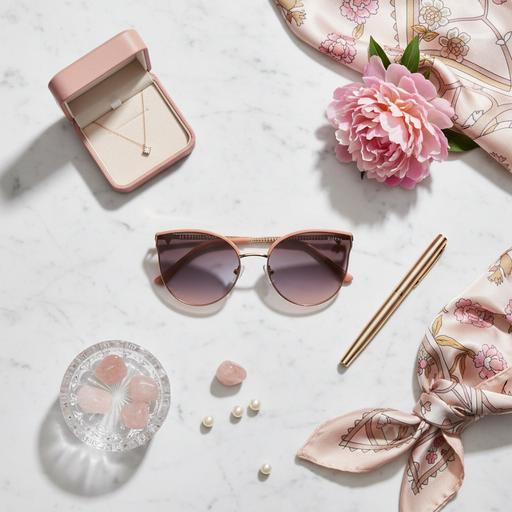 Flat lay des lunettes de soleil avec accessoires de luxe sur marbre