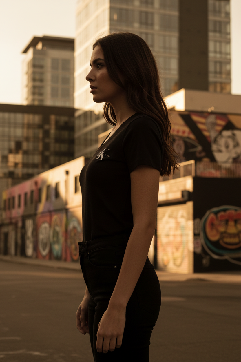 T-Shirt Calvin Klein Jeans Monogram V-Neck Noir – vue profil, femme brune, fond urbain