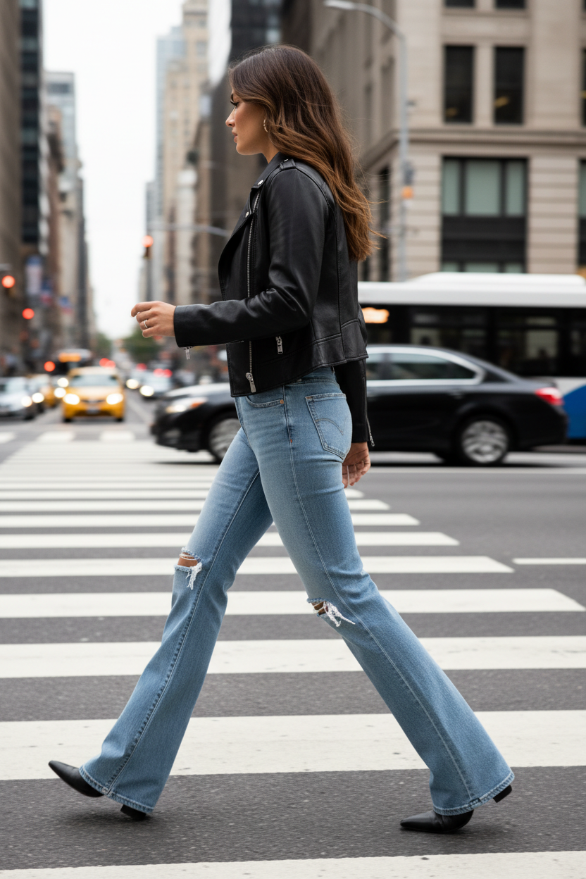 Femme brune portant le jean Tommy Hilfiger Maddie bootcut traversant la rue - Photo 2