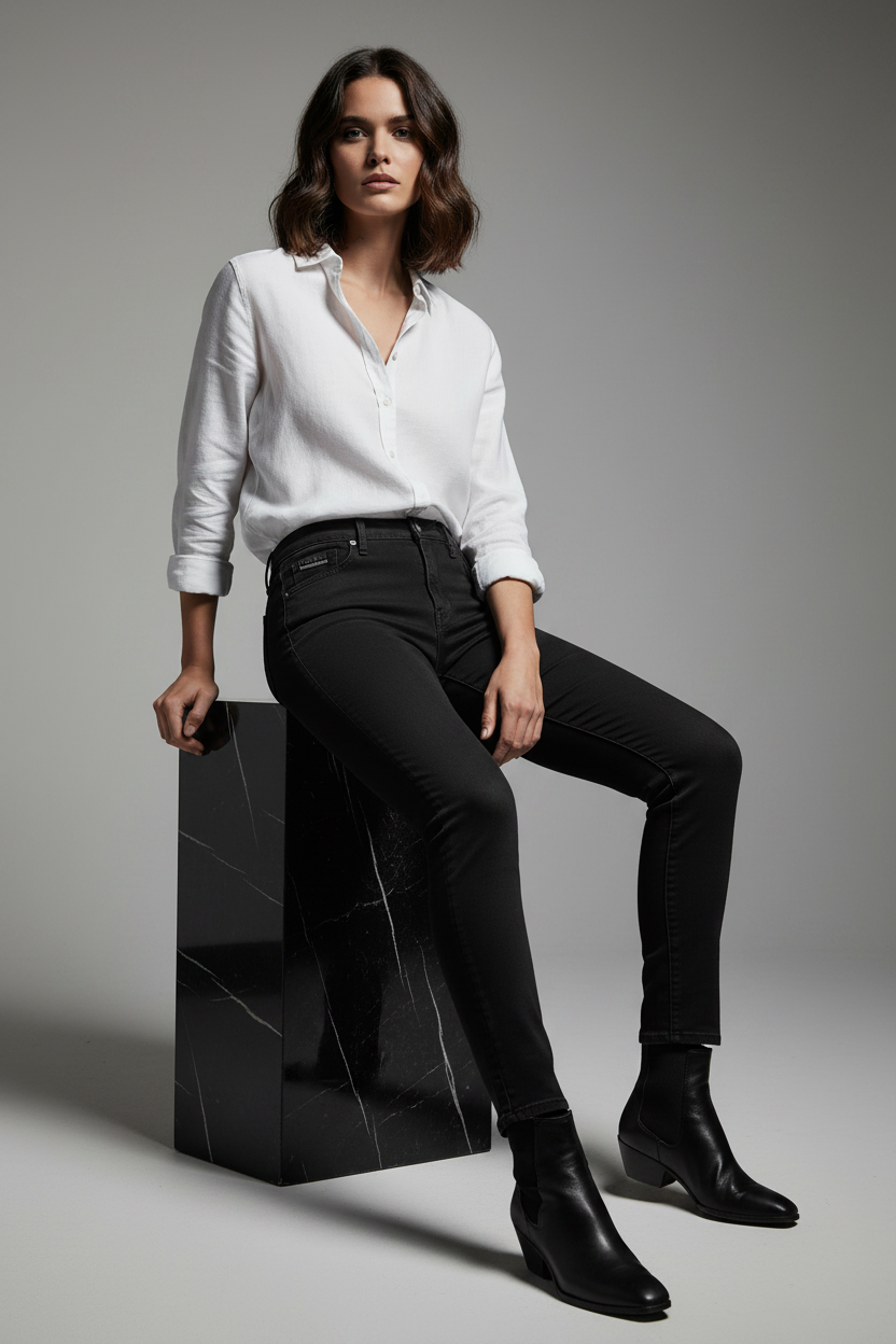 Levi's 711 Skinny Stay Dark jean noir femme – pose assise
