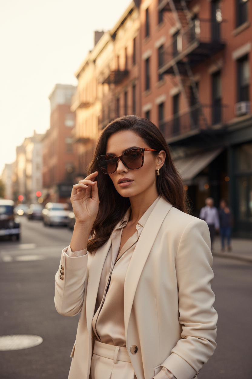 Lifestyle urbain - Femme brune avec lunettes Tommy Hilfiger en ville