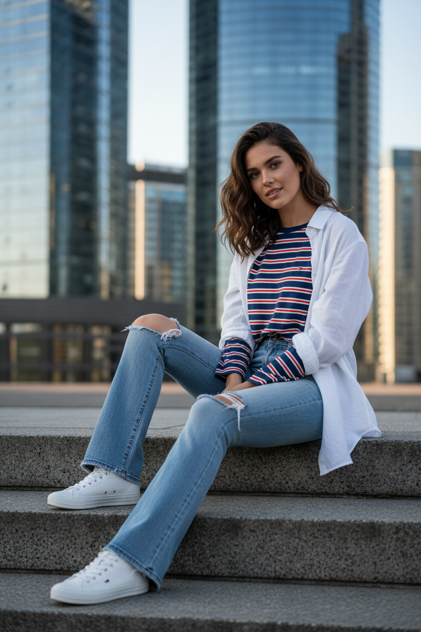 Femme brune portant le jean Tommy Hilfiger Maddie bootcut assise en ville - Photo 4