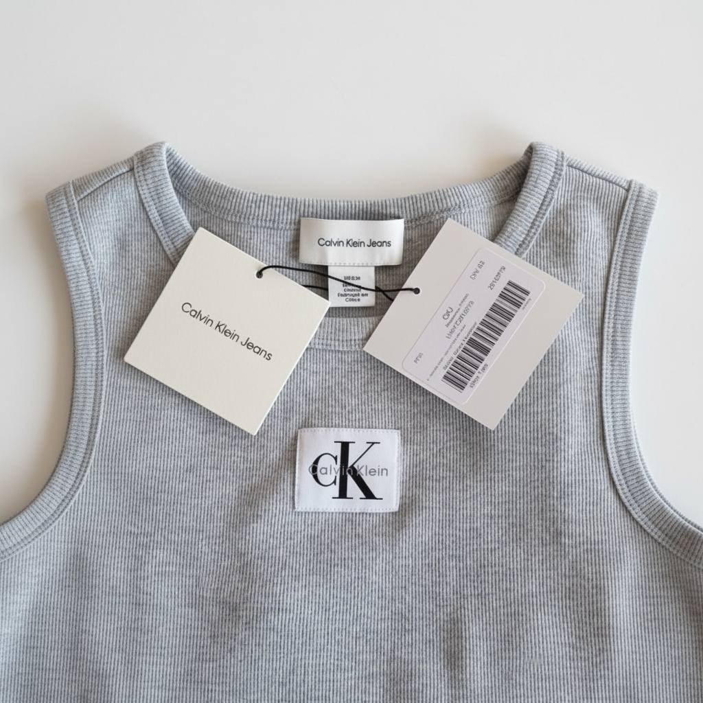 Débardeur CK Jeans — détail texture côtelée et label CK