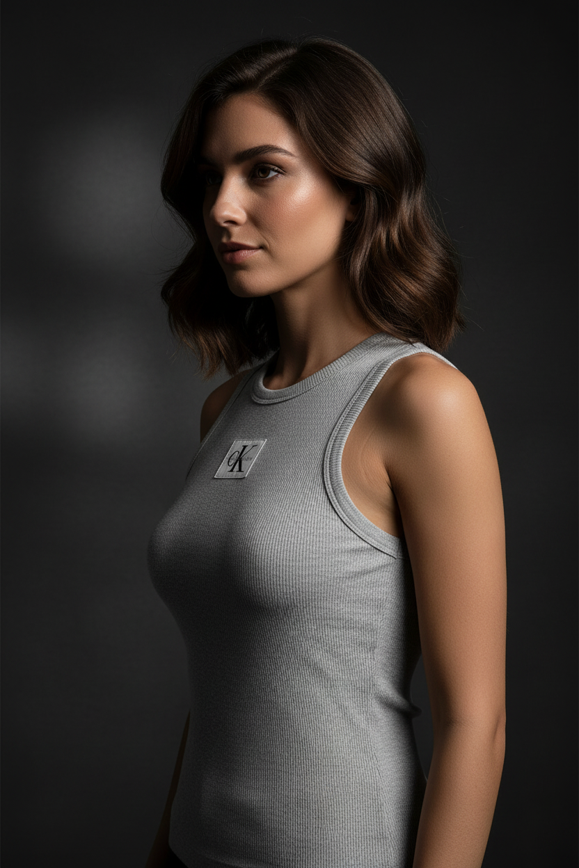Débardeur CK Jeans — shooting femme brune vue 3/4 profil