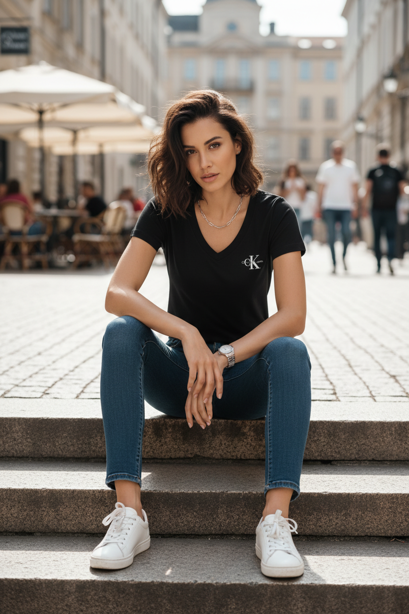T-Shirt Calvin Klein Jeans Monogram V-Neck Noir – pose casual assise, fond urbain