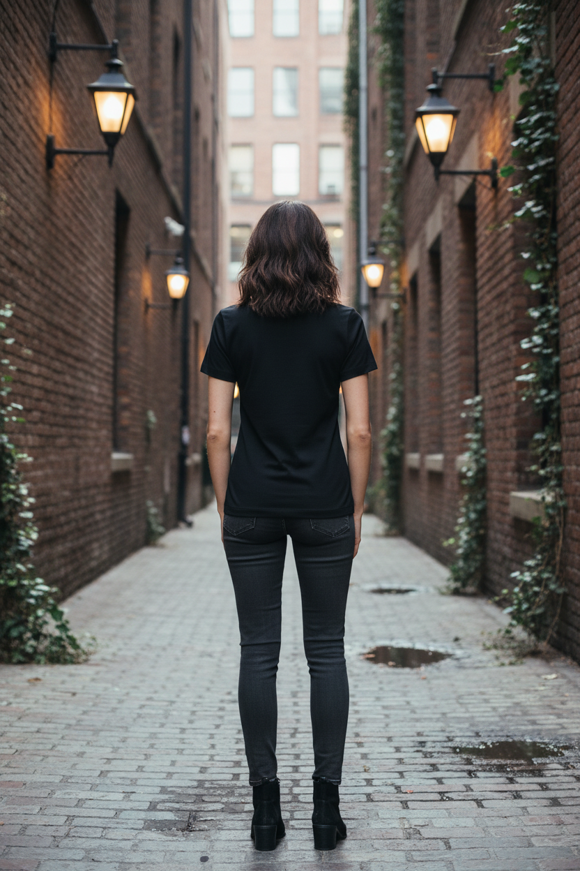 T-Shirt Calvin Klein Jeans Monogram V-Neck Noir – vue dos, femme brune, fond urbain