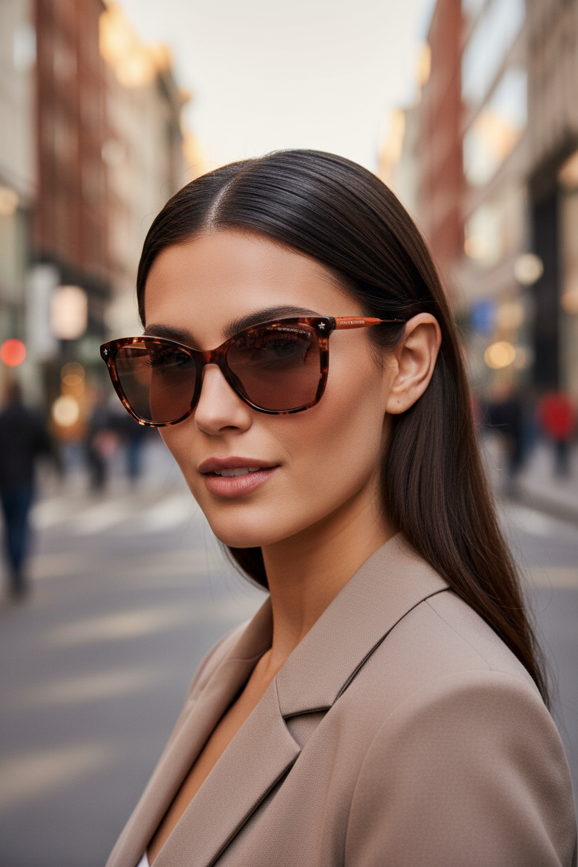 Mannequin femme brune portant les lunettes de soleil Tommy Hilfiger TH1647S en milieu urbain