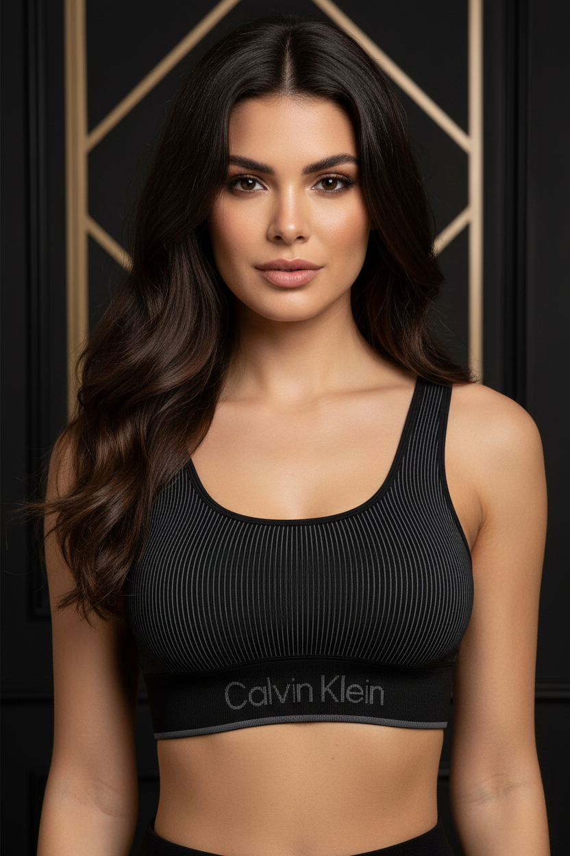 Bralette Calvin Klein Seamless Ribbed noire portée de face par une femme brune