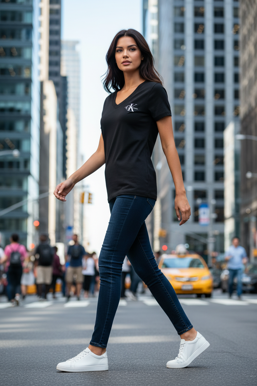 T-Shirt Calvin Klein Jeans Monogram V-Neck Noir – walking dynamique, fond urbain