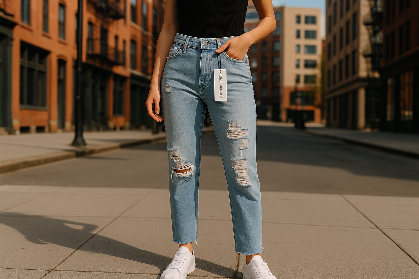 Photo lifestyle urbaine jean bleu clair