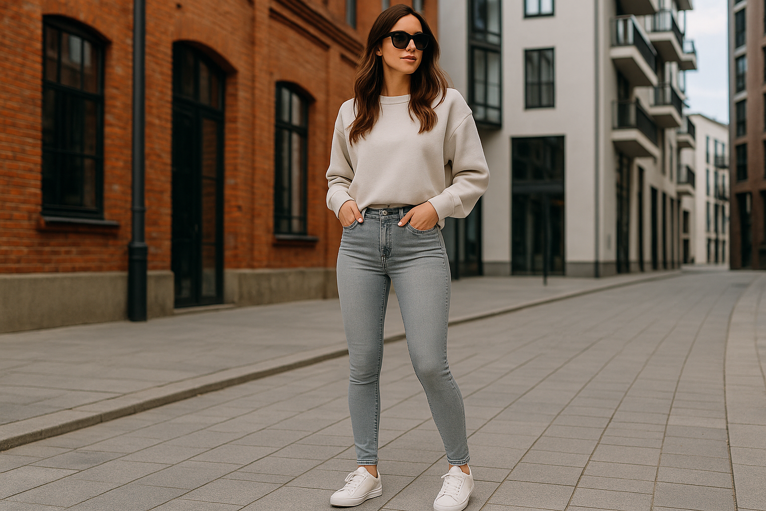 Photo lifestyle urbaine jean gris clair porté