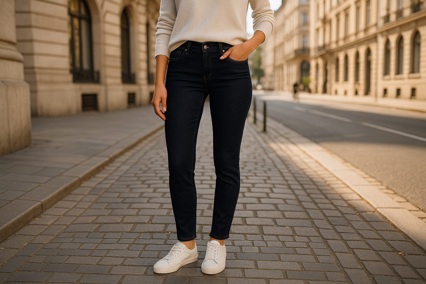 Photo lifestyle urbaine jean noir slim porté