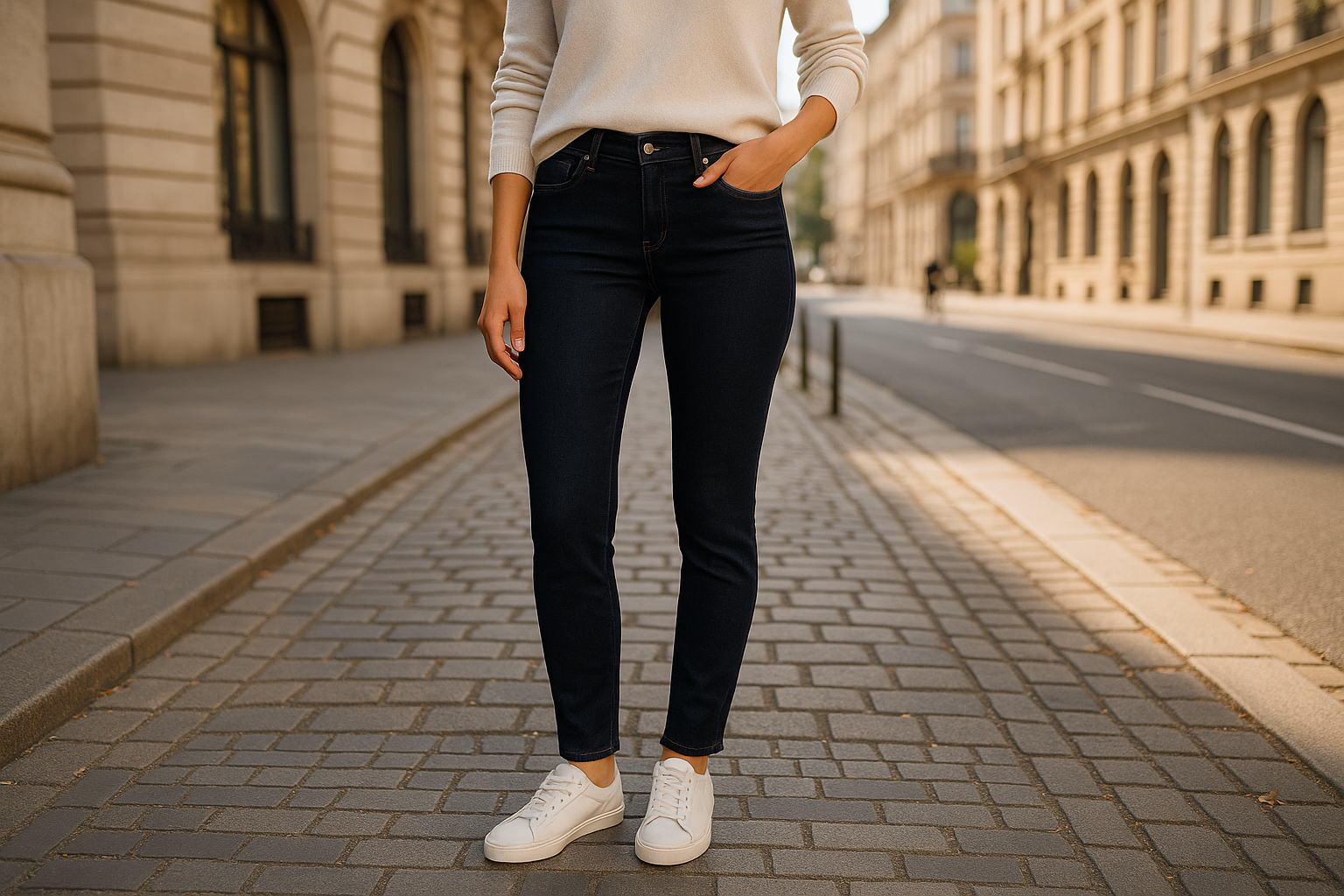 Photo lifestyle urbaine jean noir slim porté