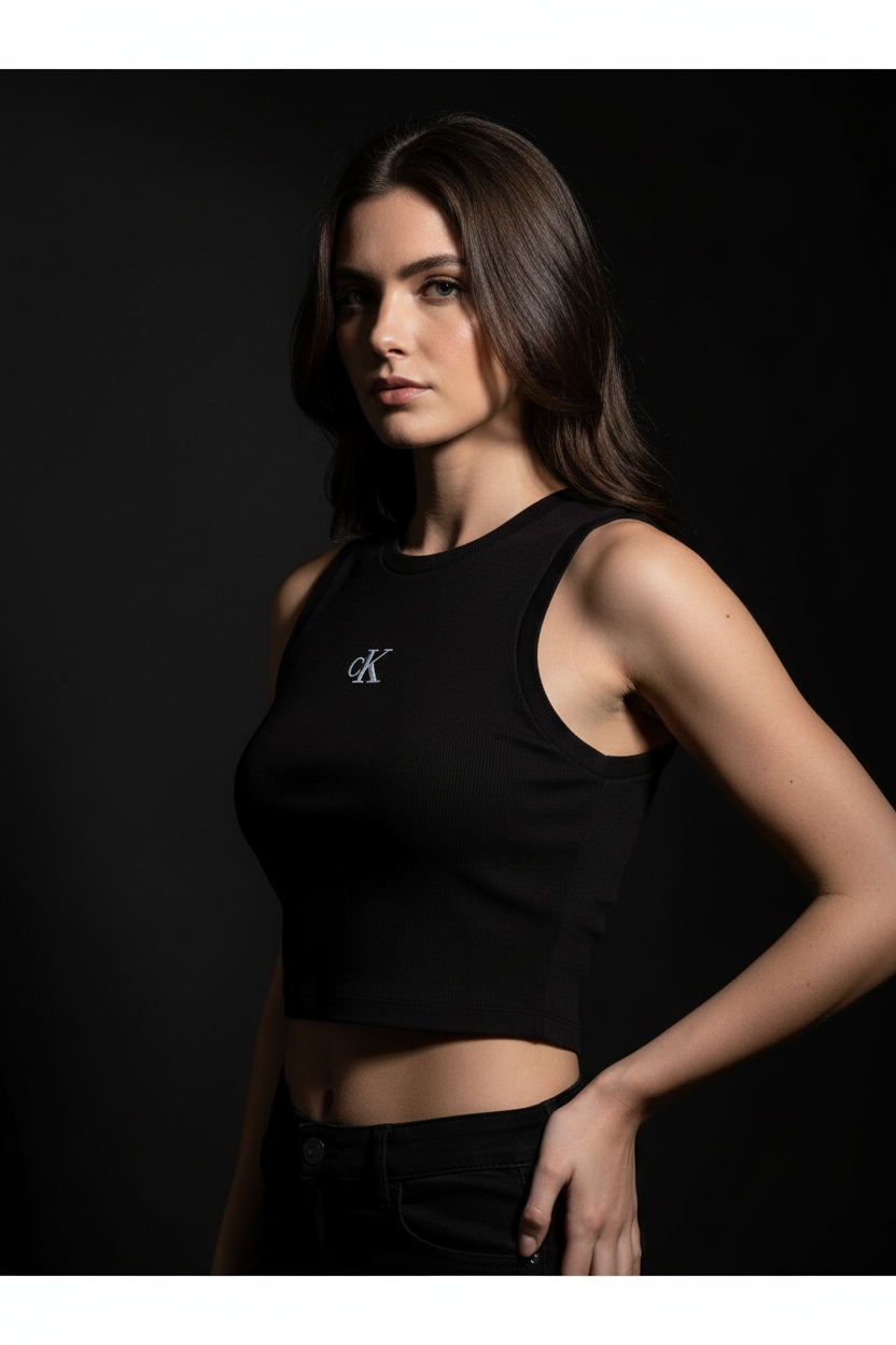 Side profile CK crop top logo centered
